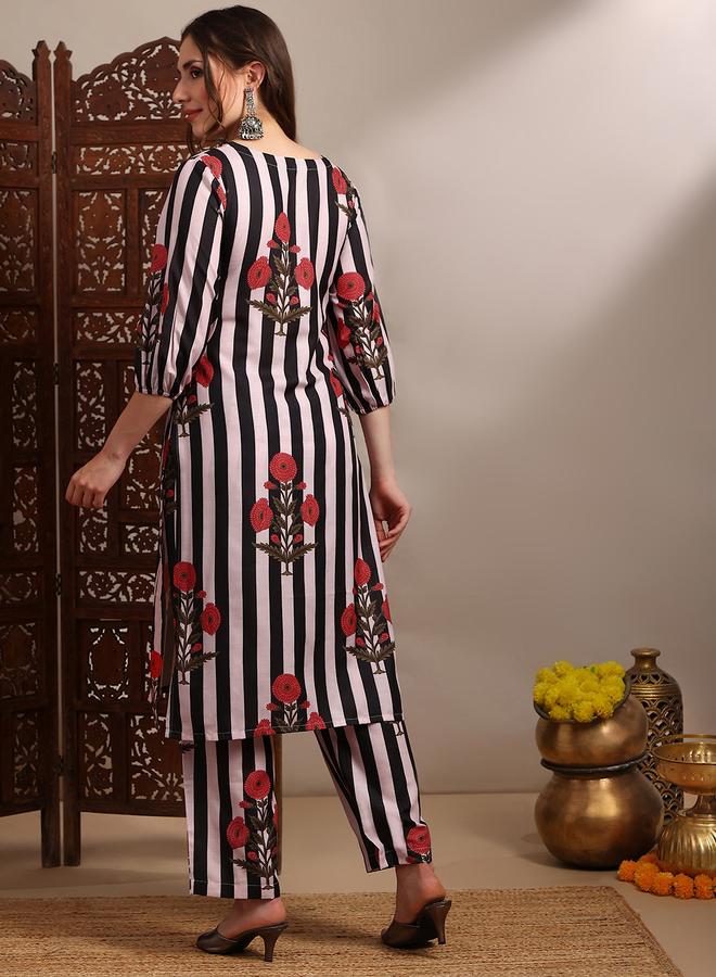 globus Women Black Floral Stripes Straight Kurta and Pant Set - Image 2